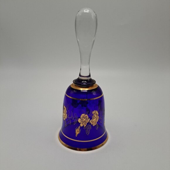 Bohemian Blue Glass Bell With Gold Floral Design - Picture 3 of 10
